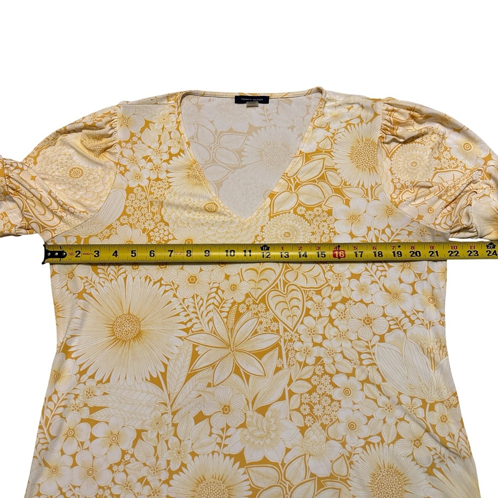 Tommy Hilfiger Yellow Floral Blouse Women’s Size XL V-Neck Puff Sleeve Top Shirt - Picture 6 of 9